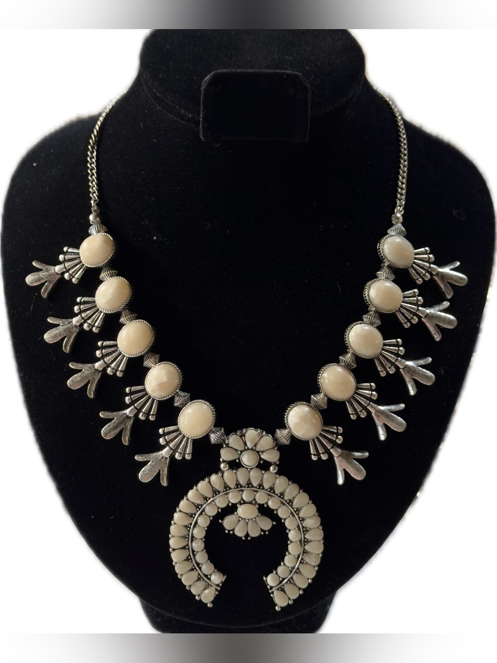 11” adjustable Shyanne Cream and Silver Statement Squash Blossom Necklace